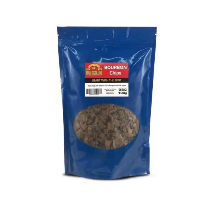 Pure Distilling Bourbon Chips 100g in a blue resealable pouch.